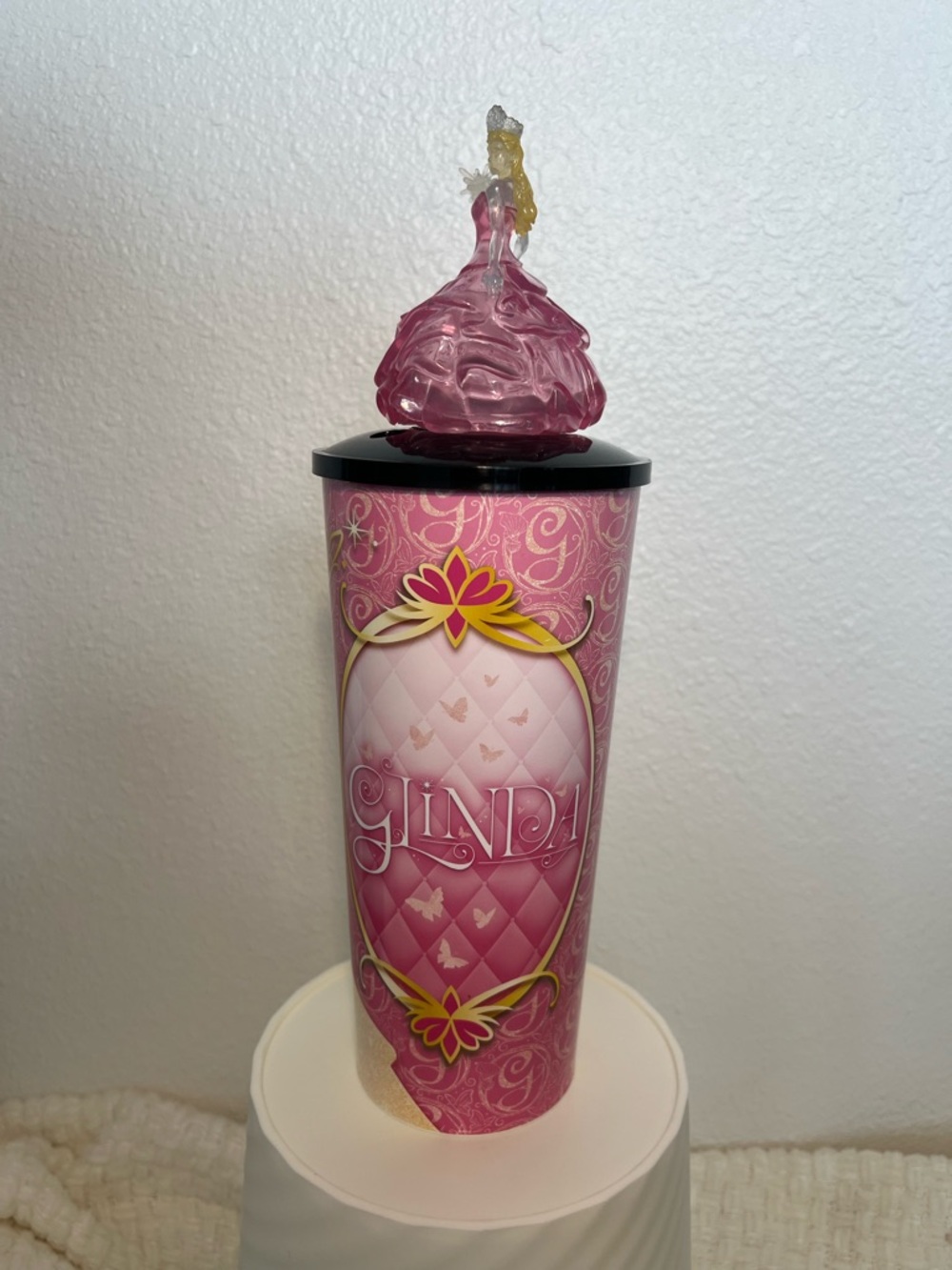 Pink Glinda Themed Tumbler with Figurine Lid